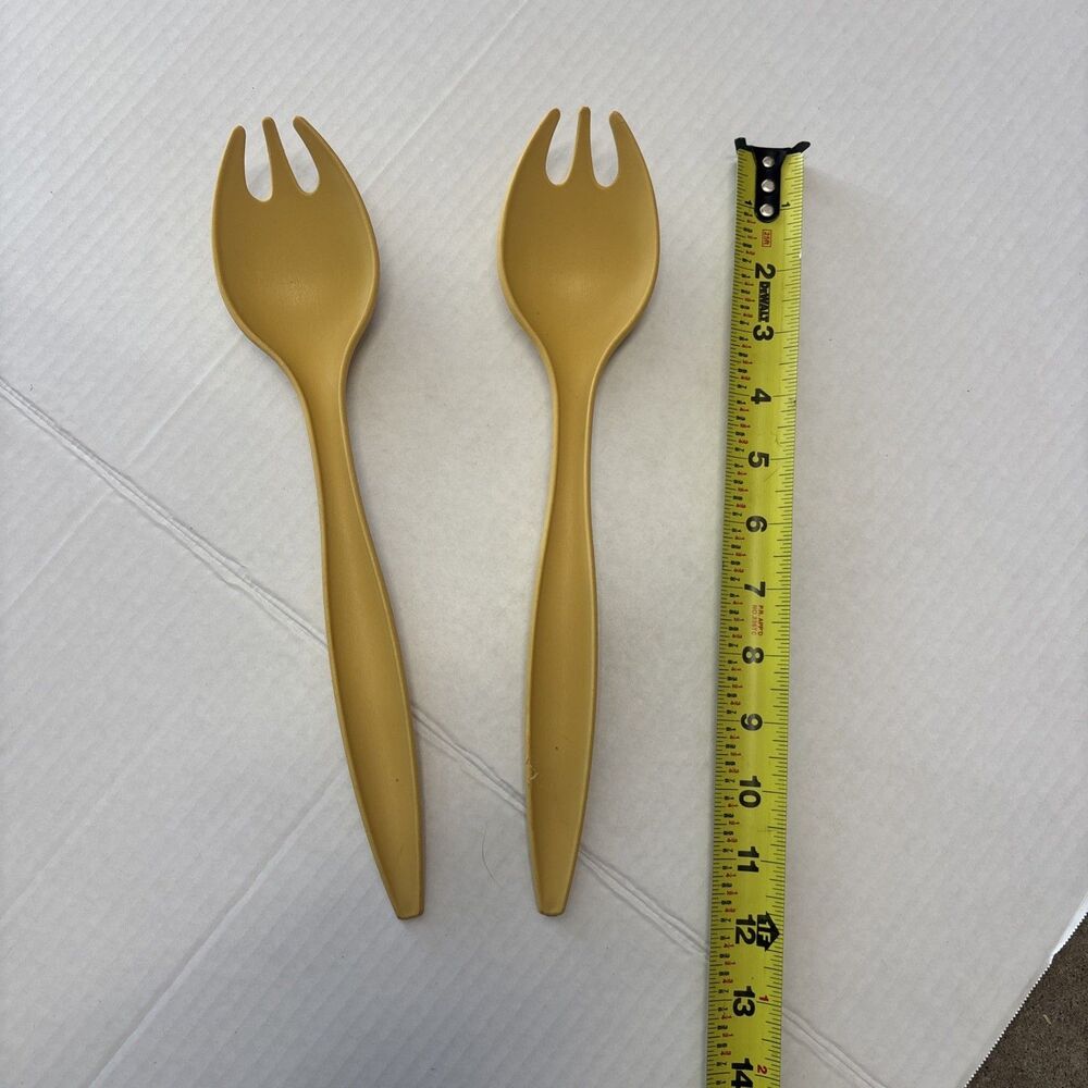 Set of 2 Tupperware 12" Salad Forks Tongs Harvest Gold Vintage